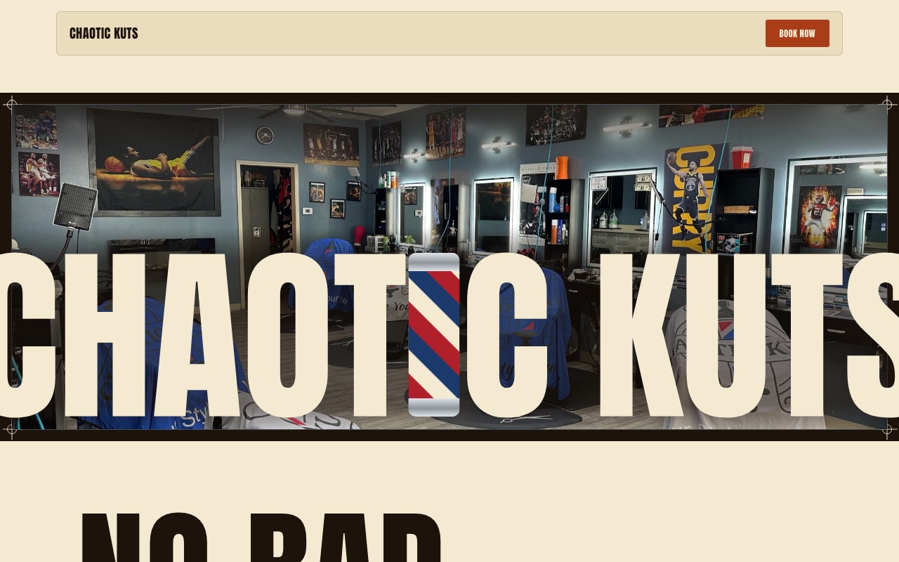 The chaotickuts.com home page: the shop's name set large over a photo of the chairs, with a Book Now button.